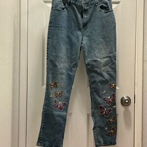 Diane Gilman Blue Jeans with Butterfly Embroidery